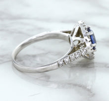 Load image into Gallery viewer, 1.46ct Round Blue Sapphire Ring with Diamond Halo in 14K White Gold