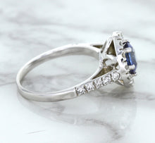 Load image into Gallery viewer, 1.46ct Round Blue Sapphire Ring with Diamond Halo in 14K White Gold