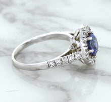 Load image into Gallery viewer, 1.46ct Round Blue Sapphire Ring with Diamond Halo in 14K White Gold