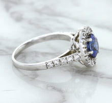 Load image into Gallery viewer, 1.46ct Round Blue Sapphire Ring with Diamond Halo in 14K White Gold