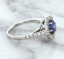 Load image into Gallery viewer, 1.46ct Round Blue Sapphire Ring with Diamond Halo in 14K White Gold