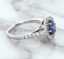 Load image into Gallery viewer, 1.46ct Round Blue Sapphire Ring with Diamond Halo in 14K White Gold