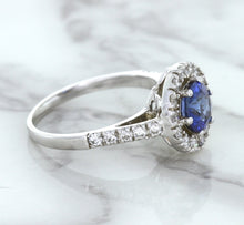 Load image into Gallery viewer, 1.46ct Round Blue Sapphire Ring with Diamond Halo in 14K White Gold