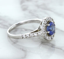 Load image into Gallery viewer, 1.46ct Round Blue Sapphire Ring with Diamond Halo in 14K White Gold