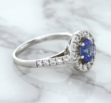 Load image into Gallery viewer, 1.46ct Round Blue Sapphire Ring with Diamond Halo in 14K White Gold