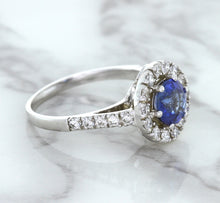 Load image into Gallery viewer, 1.46ct Round Blue Sapphire Ring with Diamond Halo in 14K White Gold