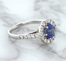 Load image into Gallery viewer, 1.46ct Round Blue Sapphire Ring with Diamond Halo in 14K White Gold