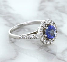 Load image into Gallery viewer, 1.46ct Round Blue Sapphire Ring with Diamond Halo in 14K White Gold
