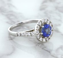 Load image into Gallery viewer, 1.46ct Round Blue Sapphire Ring with Diamond Halo in 14K White Gold