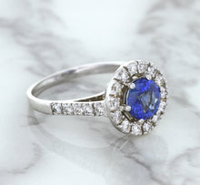 Load image into Gallery viewer, 1.46ct Round Blue Sapphire Ring with Diamond Halo in 14K White Gold
