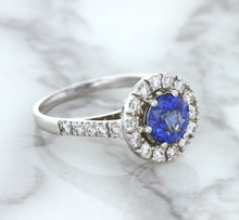 Load image into Gallery viewer, 1.46ct Round Blue Sapphire Ring with Diamond Halo in 14K White Gold