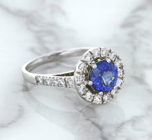Load image into Gallery viewer, 1.46ct Round Blue Sapphire Ring with Diamond Halo in 14K White Gold