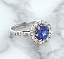 Load image into Gallery viewer, 1.46ct Round Blue Sapphire Ring with Diamond Halo in 14K White Gold