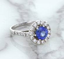 Load image into Gallery viewer, 1.46ct Round Blue Sapphire Ring with Diamond Halo in 14K White Gold