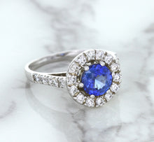 Load image into Gallery viewer, 1.46ct Round Blue Sapphire Ring with Diamond Halo in 14K White Gold