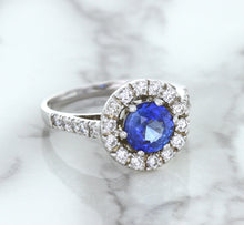 Load image into Gallery viewer, 1.46ct Round Blue Sapphire Ring with Diamond Halo in 14K White Gold