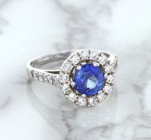 Load image into Gallery viewer, 1.46ct Round Blue Sapphire Ring with Diamond Halo in 14K White Gold