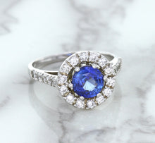 Load image into Gallery viewer, 1.46ct Round Blue Sapphire Ring with Diamond Halo in 14K White Gold