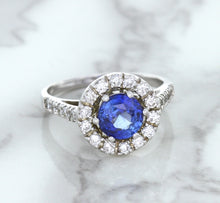 Load image into Gallery viewer, 1.46ct Round Blue Sapphire Ring with Diamond Halo in 14K White Gold