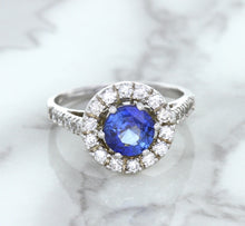 Load image into Gallery viewer, 1.46ct Round Blue Sapphire Ring with Diamond Halo in 14K White Gold