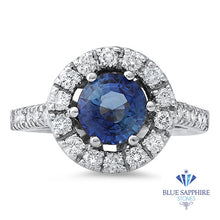 Load image into Gallery viewer, 1.46ct Round Blue Sapphire Ring with Diamond Halo in 14K White Gold