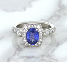 Load image into Gallery viewer, 1.56ct Oval Blue Sapphire Ring with Diamond Halo in Platinum