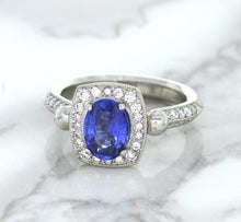 Load image into Gallery viewer, 1.56ct Oval Blue Sapphire Ring with Diamond Halo in Platinum