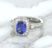 Load image into Gallery viewer, 1.56ct Oval Blue Sapphire Ring with Diamond Halo in Platinum