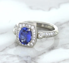 Load image into Gallery viewer, 1.56ct Oval Blue Sapphire Ring with Diamond Halo in Platinum