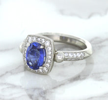 Load image into Gallery viewer, 1.56ct Oval Blue Sapphire Ring with Diamond Halo in Platinum