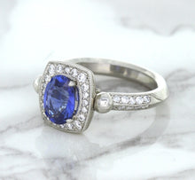 Load image into Gallery viewer, 1.56ct Oval Blue Sapphire Ring with Diamond Halo in Platinum