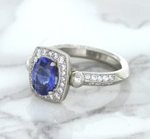 Load image into Gallery viewer, 1.56ct Oval Blue Sapphire Ring with Diamond Halo in Platinum