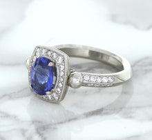 Load image into Gallery viewer, 1.56ct Oval Blue Sapphire Ring with Diamond Halo in Platinum