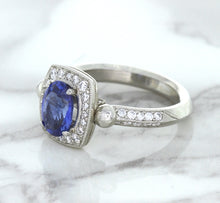Load image into Gallery viewer, 1.56ct Oval Blue Sapphire Ring with Diamond Halo in Platinum