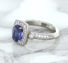 Load image into Gallery viewer, 1.56ct Oval Blue Sapphire Ring with Diamond Halo in Platinum