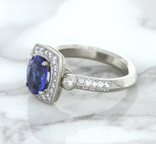 Load image into Gallery viewer, 1.56ct Oval Blue Sapphire Ring with Diamond Halo in Platinum