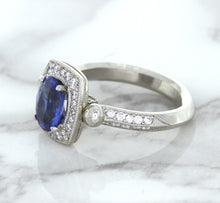 Load image into Gallery viewer, 1.56ct Oval Blue Sapphire Ring with Diamond Halo in Platinum