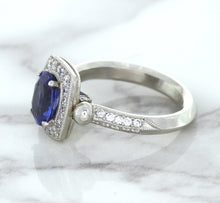 Load image into Gallery viewer, 1.56ct Oval Blue Sapphire Ring with Diamond Halo in Platinum