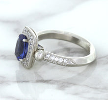 Load image into Gallery viewer, 1.56ct Oval Blue Sapphire Ring with Diamond Halo in Platinum