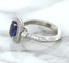 Load image into Gallery viewer, 1.56ct Oval Blue Sapphire Ring with Diamond Halo in Platinum