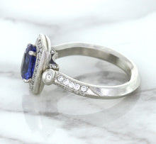 Load image into Gallery viewer, 1.56ct Oval Blue Sapphire Ring with Diamond Halo in Platinum