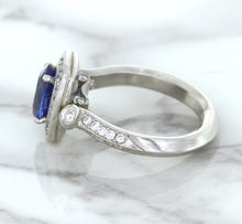 Load image into Gallery viewer, 1.56ct Oval Blue Sapphire Ring with Diamond Halo in Platinum