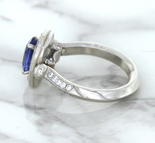 Load image into Gallery viewer, 1.56ct Oval Blue Sapphire Ring with Diamond Halo in Platinum