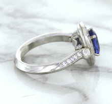 Load image into Gallery viewer, 1.56ct Oval Blue Sapphire Ring with Diamond Halo in Platinum