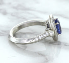 Load image into Gallery viewer, 1.56ct Oval Blue Sapphire Ring with Diamond Halo in Platinum