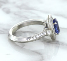 Load image into Gallery viewer, 1.56ct Oval Blue Sapphire Ring with Diamond Halo in Platinum