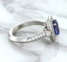Load image into Gallery viewer, 1.56ct Oval Blue Sapphire Ring with Diamond Halo in Platinum