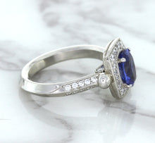 Load image into Gallery viewer, 1.56ct Oval Blue Sapphire Ring with Diamond Halo in Platinum