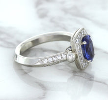 Load image into Gallery viewer, 1.56ct Oval Blue Sapphire Ring with Diamond Halo in Platinum