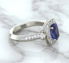 Load image into Gallery viewer, 1.56ct Oval Blue Sapphire Ring with Diamond Halo in Platinum
